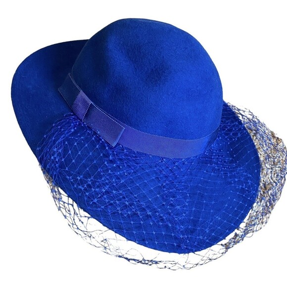 Vintage Lancaster Hat Womens Fedora Blue 100% Wool Netting Bow USA Church - Picture 1 of 10